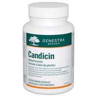 Candicin herbal supplement bottle with white cap and green label, 60 veggie caps