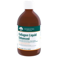 Collagen liquid supplement bottle with amber liquid and white screw cap