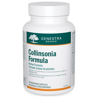 Vegetarian supplement capsule bottle with white container and teal label reading GENESTRA