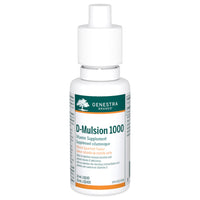 Genestra D-Mulsion 1000 supplement bottle, white cap and green label
