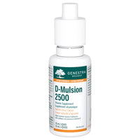 Genestra D-Mulsion 2500 supplement bottle, 30 mL liquid, white pump-top
