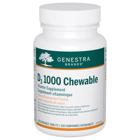 Chewable vitamin D3 supplement bottle with white cap and green label, 120 tablets