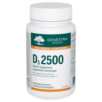 Vitamin D3 supplement bottle with white cap, label reads D3 2500, 90 vegetarian capsules