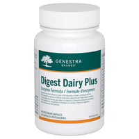 White supplement bottle with white cap; green label reading Digest Dairy Plus.
