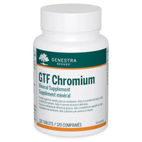 Chromium mineral supplement bottle with white cap and green label, Genestra GTF