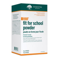 Probiotic powder box for school, 30 g, with GENESTRA branding and HMF Fit for School label.