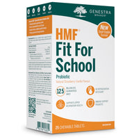 Shelf-stable HMF Fit For School probiotic chewable tablet box, 25-count