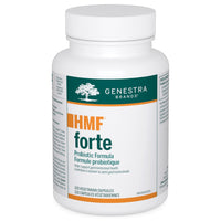 Genestra HMF Forte supplement bottle with white ribbed cap and label