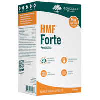 Genestra HMF Forte probiotic supplement box, 50 vegetarian capsules, shelf-stable