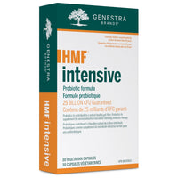 Genestra HMF Intensive probiotic veggie capsule supplement box, green and white, 30 caps