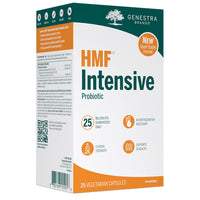 Genestra HMF Intensive probiotic supplement box, 25 vegetarian capsules, shelf-stable.