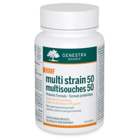 Probiotic supplement bottle with teal label, HMF multi strain 50 multisoaches 50