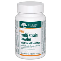 Nutritional supplement powder bottle with white cap and HMF multi strain label