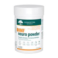 Genestra HMF neuro powder supplement bottle with white cap, green and orange label