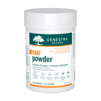 Probiotic powder tub with white cap and green label, HMF powder