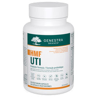 Genestra HMF UTI supplement bottle with green and orange label, vegetarian capsule count 60