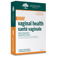 Genestra HMF Vaginal Health vaginal suppositories box, 7 count, teal and orange.