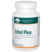 Vegetarian supplement capsule bottle with white cap and green label, Ichol Plus