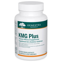 Vitamin-mineral supplement bottle with white cap, GENESTRA KMG Plus label, 60 capsules