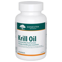 Genestra Krill Oil supplement bottle with white cap, label shows Krill Oil and 60 capsules