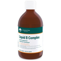 Liquid B Complex supplement bottle, amber plastic with white cap