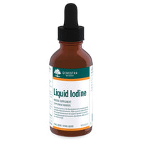 Genestra liquid iodine supplement bottle with dropper, amber glass