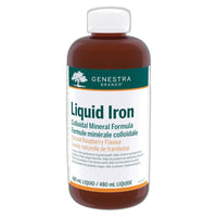 Genestra Liquid Iron supplement bottle, amber liquid in brown glass with white label