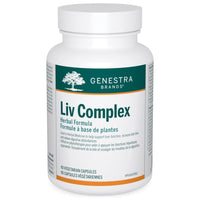 Dietary supplement bottle with white cap, Genestra Liv Complex label