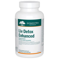 Veggie supplement capsules bottle with white label, Liv Detox Enhanced text