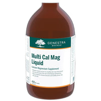 Brown supplement bottle with white label, Genestra Multi Cal Mag Liquid 450mL
