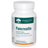 Genestra Pancreatin enzyme formula supplement bottle, 60 vegetarian capsules label
