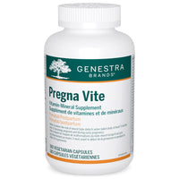 Genestra Pregna Vite supplement bottle with white cap, label front with vegetarian capsules