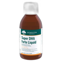 Amber liquid supplement bottle with Genestra Super DHA Forte Liquid label, 150 mL