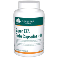 Supplement bottle with Super EFA Forte + D label, white cap, teal label band
