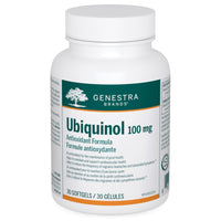 Genestra Ubiquinol 100 mg supplement bottle with 30 softgels, antioxidant formula