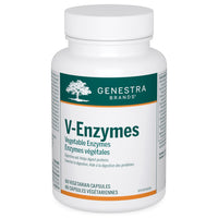 Vegetable enzyme supplement bottle with white cap and V-Enzymes label, veggie capsules