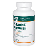Vitamin D gummies bottle, white with green Genestra label and orange trim