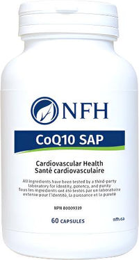 CoQ10 SAP capsule supplement bottle, 60 capsules, NFH label front