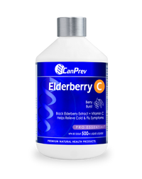 CanPrev elderberry vitamin C liquid bottle, 500 ml, silver cap, blue label