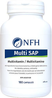 NFH Multi SAP supplement bottle with 180 capsules label, white with blue text
