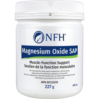NFH Magnesium Oxide supplement bottle, white plastic jar with label and 227 g