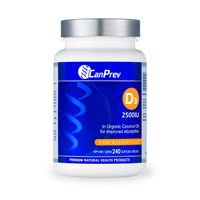 Vitamin D3 2500IU softgel supplement bottle, blue label with orange D3 badge