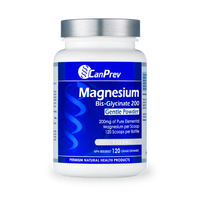CanPrev magnesium bis-glycinate 200 gentle powder supplement bottle, white cap.