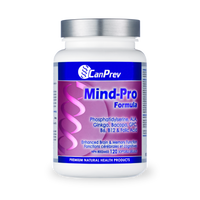 CanPrev Mind-Pro Formula supplement bottle, white with blue label and silver cap