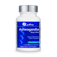 CanPrev Ashwagandha Body & Mind supplement bottle with blue label, 60 veggie caps