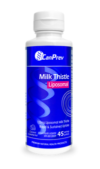 CanPrev Milk Thistle liposomal supplement bottle, blue label and white cap