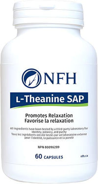 L-Theanine supplement bottle with NFH logo and 60 capsules label