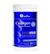 Collagen powder jar with blue label, white tub, 250 g