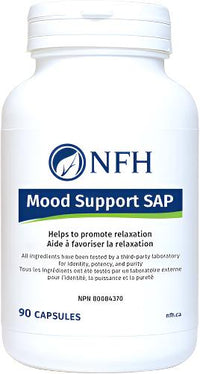 White supplement bottle with NFH Mood Support SAP label and 90 capsules text