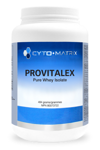 Whey isolate powder tub with CYTO-MATRIX PROVITALex label, 484 g.